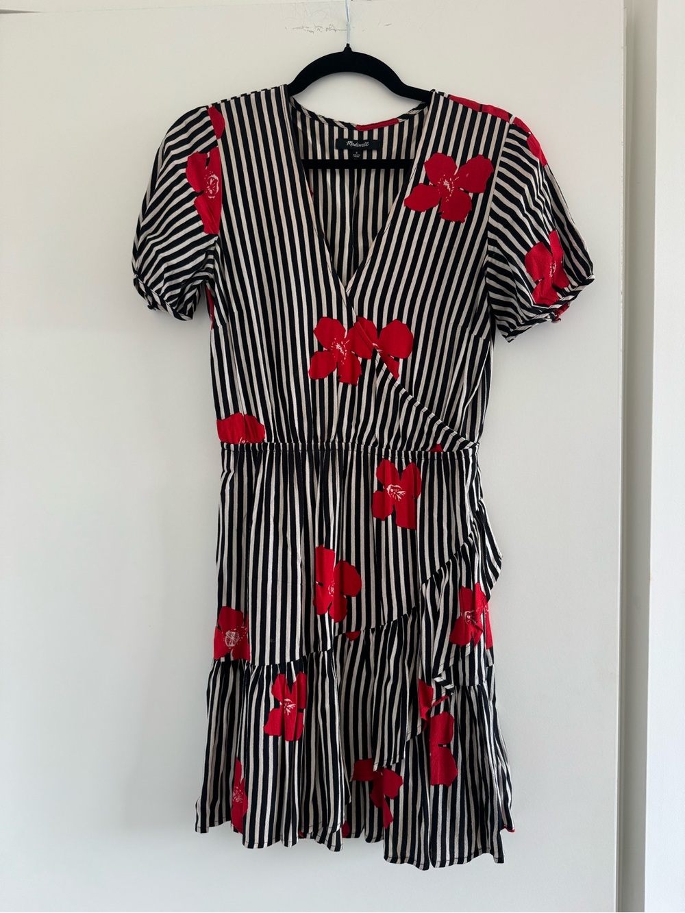 Madewell Black & White Striped Mini Dress with Red Floral Print